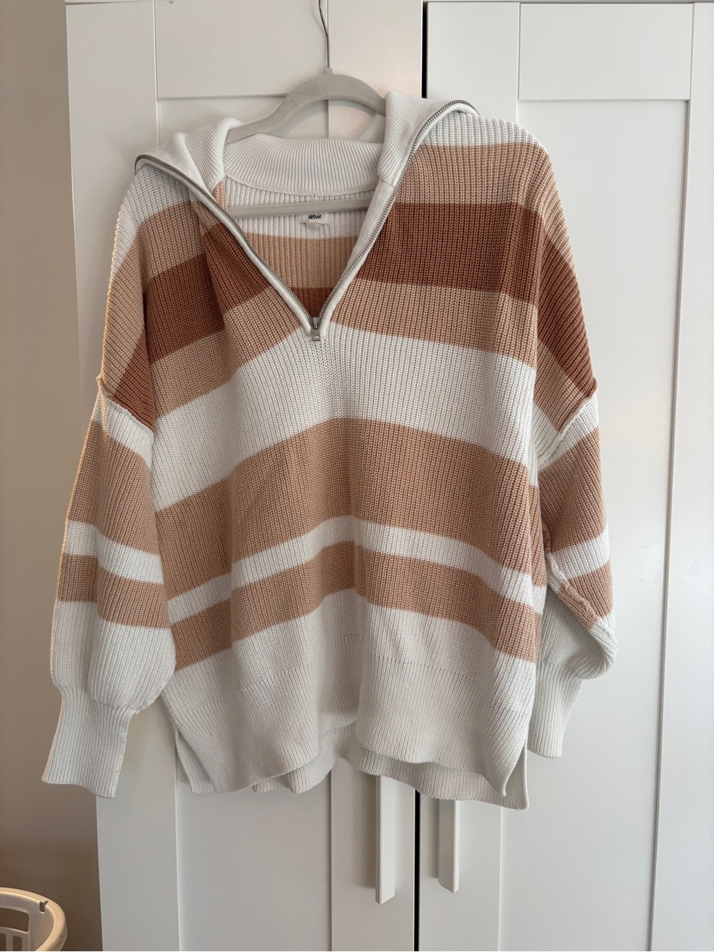 aerie Striped Half-Zip Turtleneck Sweater - Cream & Tan